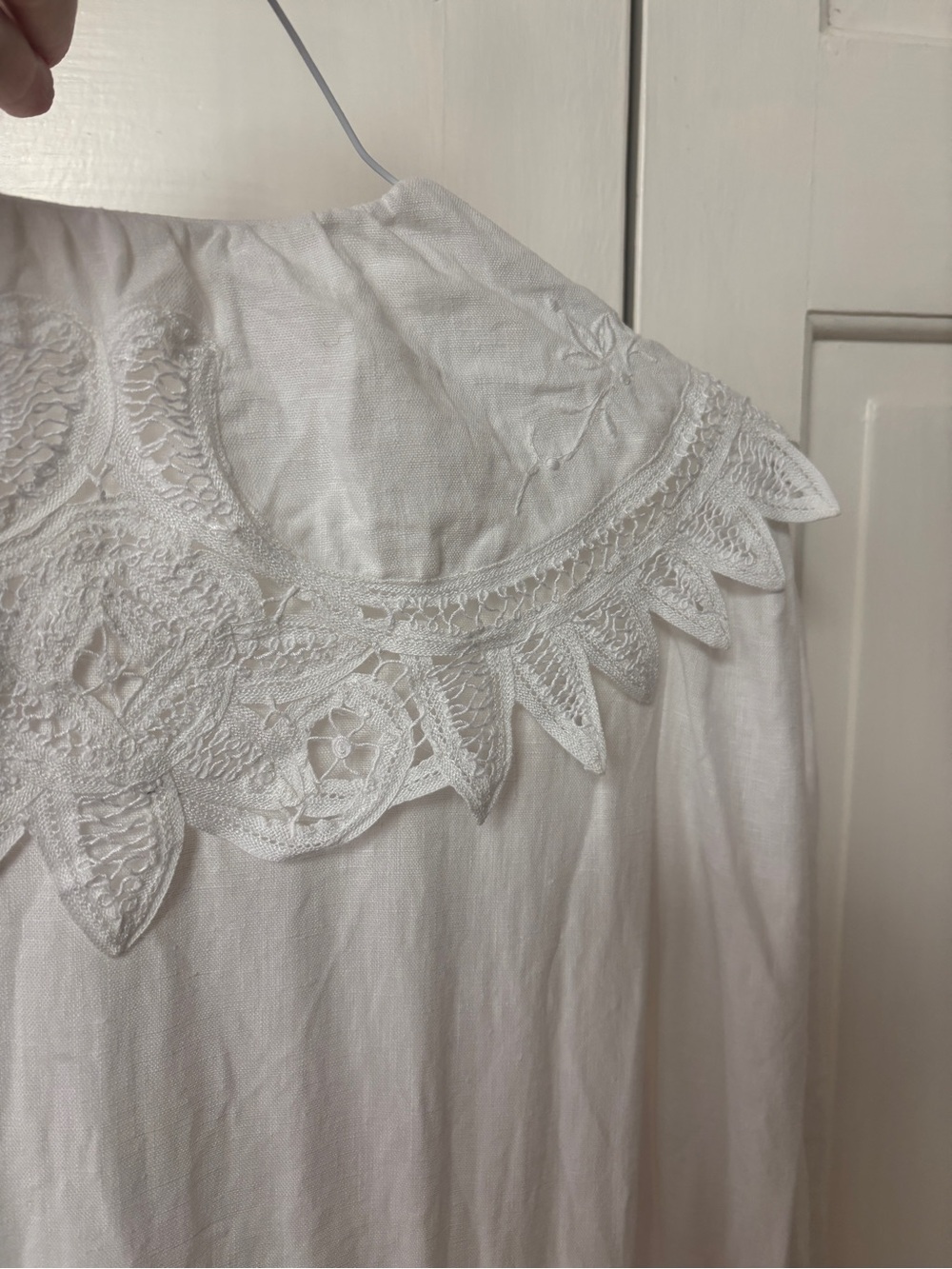 ULLA JOHNSON Fiona Midi Dress Bone White 100% Linen Size 8 Crochet Collar Tie - Picture 16 of 16